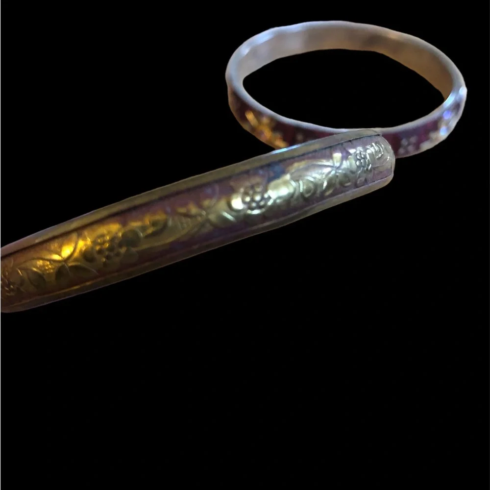 Whimsigoth Pair (2) Vintage Boho Gold Red‎ Flower Sun Bangle Set